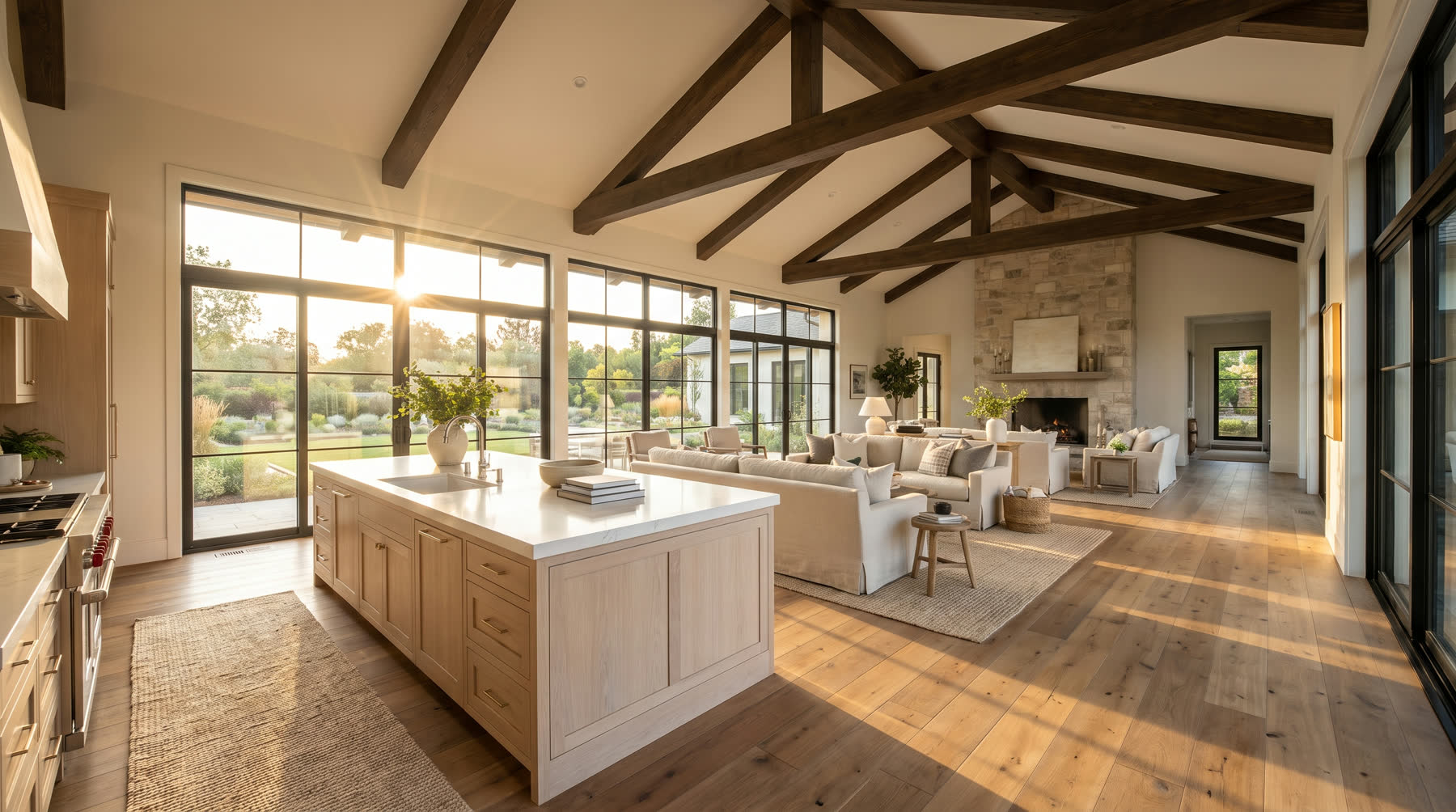 Sunlit open-plan great room with vaulted beamed ceiling and island kitchen